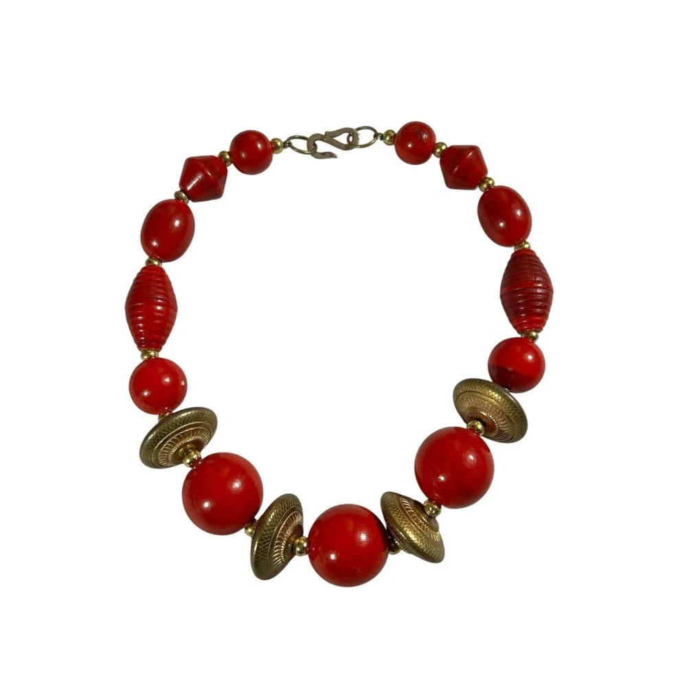 Vintage Red Bead Necklace Chunky Brass Spacers Boho Ethnic Statement Choker 16